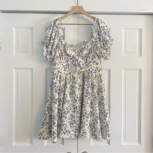 Altar'd State White Dress with Blue and Yellow Floral Pattern